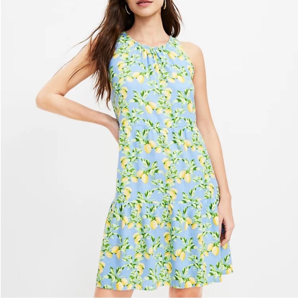 LOFT Blue and Yellow Lemon Print Dress